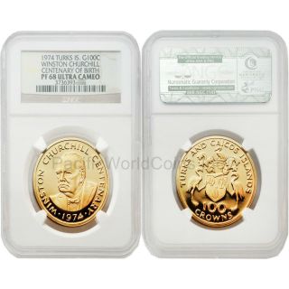 Turks & Caicos Islands 1974 Winston Churchill 100 Crowns Gold Ngc Pf68 Uc