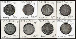 8 Spain Silver 2 Reales 1628 - 1725 All Vf To Xf,  (cv Nearly $800 Usd)
