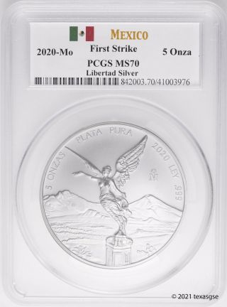 2020 - Mo Mexico 5 Onza Libertad.  999 Silver 5oz Coin Pcgs Ms70 First Strike