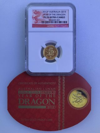 2012 P Australia Dragon Gold Proof Coin 1/10 Ngc Pf70 Ultra Cameo,  Box,  &