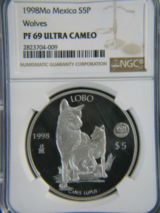 1998 Mexico Silver 5 Pesos Wolves Ngc Pf 69 Ul Cameo Very Scarce Lobo