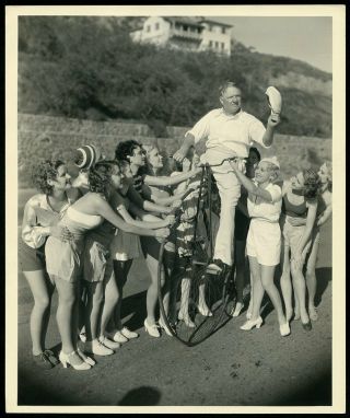 W.  C.  Fields On High Wheel Bicycle Surrounded By Girls 1930s Dblwt Photo