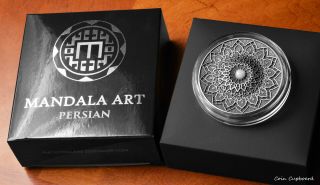 2020 - Fiji $10 - Mandala Art - Persian - 3 Oz.  999 Silver Coin W/ Jasper Stone