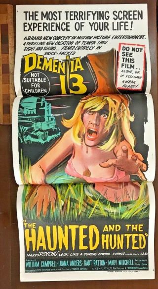1963 Daybill Horror Movie Poster Dementia 13 Haunted & Hunted