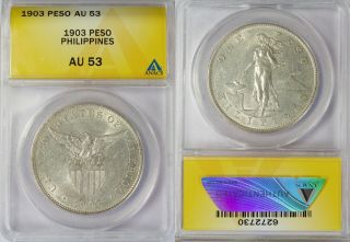 1903 (p) Us/philippines Peso Anacs Au53 90 Silver Allen 16.  01 Coin
