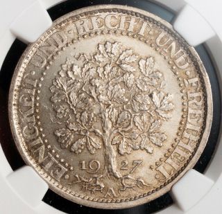 1927 - A,  Germany (weimar Rep. ).  Silver 5 Reichsmark " Oak - Tree " Coin.  Ngc Ms - 65
