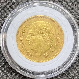 1906 Mexico Gold Cinco 5 Pesos • Brilliant Uncirculated Gold Coin Lettered Edges