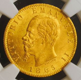 1865,  Kingdom Of Italy,  Victor Emmanuel Ii.  Gold 20 Lire Coin.  6.  45gm Ngc Ms62