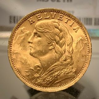 Bu Uncirculated 1935 Switzerland Gold 20 Francs Swiss Helvetia.  1867 - Agw Pq,