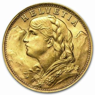1935 Swiss Gold 20 Francs Helvetia Au