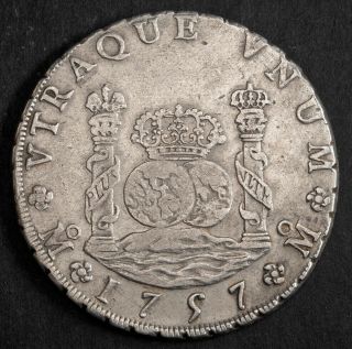 1757,  Mexico,  Ferdinand Vi.  Spanish Colonial Silver 8 Reales Pillar Dollar Coin.