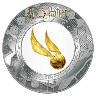 Harry Potter The Golden Snitch 2 Oz Silver Coin 0.  2g Pure Gold Inlay Samoa 2020