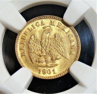 Mexico: Republic Gold Peso 1901/801 Mo - M Ms63 Ngc.  Large Date.