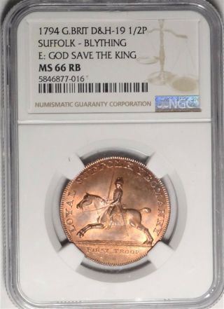 1794 G Brit D&h - 19 Suffolk Blything Half Penny Conder Token Ngc Ms66rb God Save