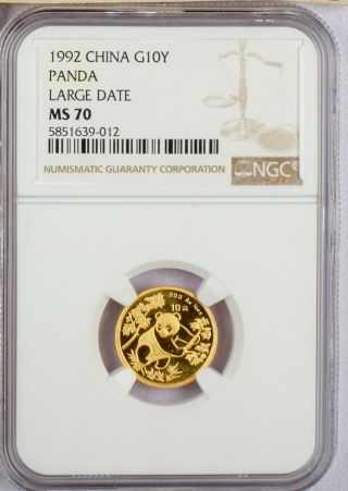 1992 China 10 Yuan 1/10 Oz Gold Panda Large Date Ngc Ms70 Pop 12