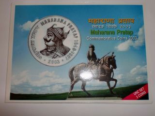 - India - 3 Coin Proof Set - " Maharana Pratap " - Commemorative Coins - 2003 - Rs.  100,  10,  1