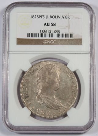 Bolivia 1825 Pts Jl 8 Reales Silver Coin Ngc Au58 Choice Au,  Ferdinand Vii Km 84