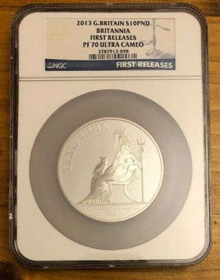 Great Britain 2013 Britannia Silver 10 Pounds,  5 Oz,  Ngc Pf70 Uc,  First Releases