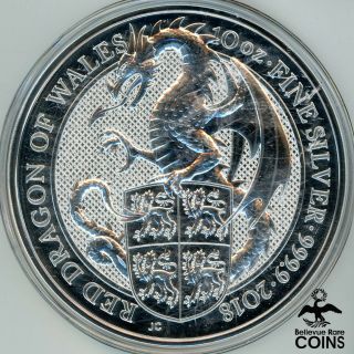 2018 United Kingdom 10 Pounds.  9999 Fine Silver 10 Oz.  Coin,  Red Dragon Of Wales