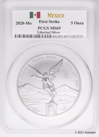 2020 - Mo Mexico 5 Onza Libertad.  999 Silver 5oz Coin Pcgs Ms69 First Strike