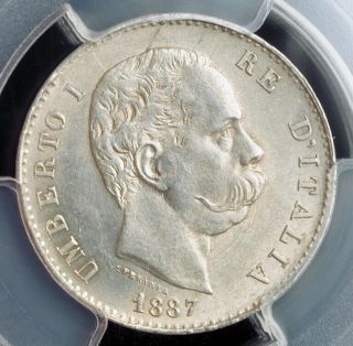1887,  Kingdom Of Italy,  Umberto I.  Silver 1 Lira Coin.  Pcgs Ms - 64