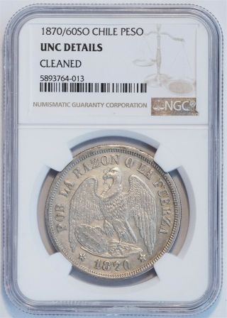 1870/60 So Chile 1 Peso Silver Coin (ngc Unc Details) Km 142.  1 (b4915)