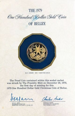 1979 FM GOLD BELIZE 6.  47 GRAMS $100 STAR OF BETHLEHEM PROOF COIN IN CACHET CARD 3