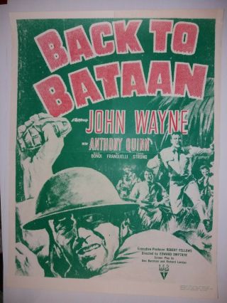Vintage Back To Bataan Movie Poster John Wayne 24.  5x18.  5 Inches