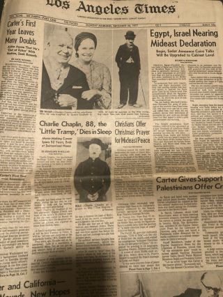 Charlie Chaplin " Little Tramp " Death 1977 Los Angeles Times Newspaper