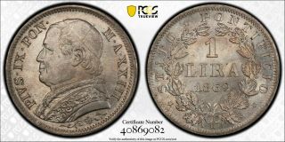 Pcgs Ms - 65 Papal States Italy Silver 1 Lira 1869 (anno - Xxiii) Top Grade Pop 1/0
