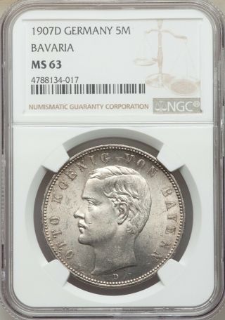 Germany Bavaria 1907 - D 5 Mark Silver Coin Choice Uncirculated Ngc Certified Ms63