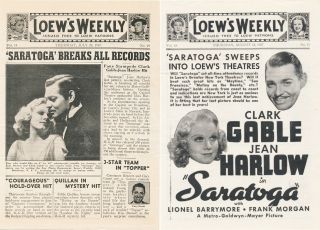 2 Lowe’s Weekly Programs July & Aug.  1937.  Gable And Harlow In “saratoga”