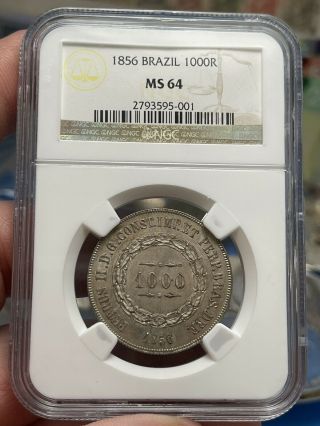 1856 Brazil 1000 Reis Ngc Ms64; Pop 2 Only One Higher In Ms65