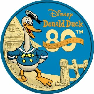 Niue 2014 $2 Donald Duck 80th Ann.  - Blue Gold & Yellow Gold - 1 Oz Silver Coin