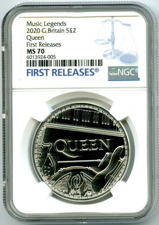 2020 Great Britain 1oz Silver Ngc Ms70 Queen Musical Legends First Releases Blue