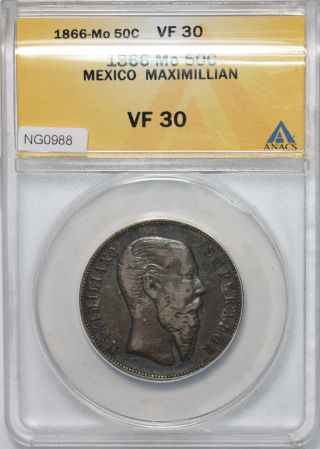 Mexico 1866 Mo 50 Centavos Anacs Vf 30 Maxillian Ng0988 Combine
