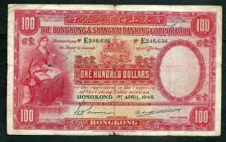 Hong - Kong Hsbc (p176e) 100 Dollars 1948