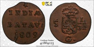 Pcgs Ms - 63 Netherlands East Indies Batavian Republic Holland 1/2 Duit 1809 (top)