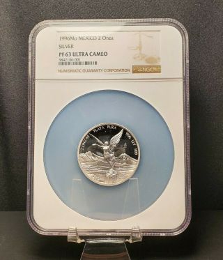 1996 - Mo Mexico Silver Libertad 2 Onzas Oz Ngc Pf - 63 Uc.  Only 1200 Minted