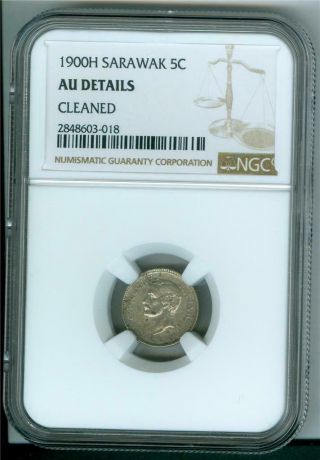 Sarawak 1900 - H 5 Cents Silver C.  J.  Brooke Rajah Ngc Au Details Cleaned Scarce