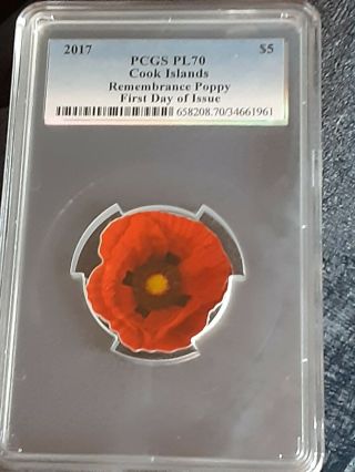 $5 Cook Islands 2017 1 Oz Silver Remembrance Poppy Coin Fdoi Pcgs Pl 70