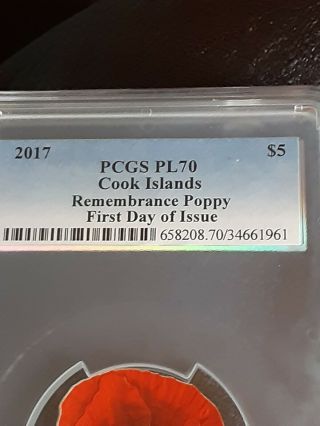 $5 Cook Islands 2017 1 Oz Silver Remembrance Poppy Coin FDOI PCGS PL 70 2