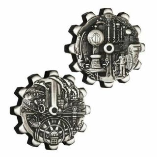 Evolution Of Industry 2 X 1 Oz Silver Gear - Shaped Two - Coin Set Tuvalu 2018