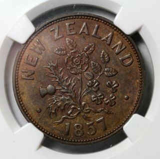 1857 Zealand Auckland M.  Sommerville Penny Token KM TN64 NGC AU58 BN 2