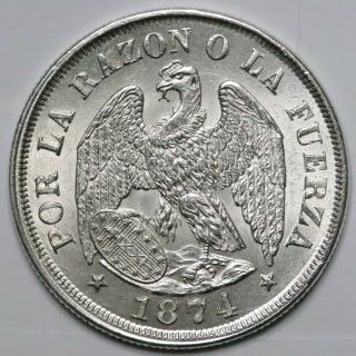 1874 - So Chile Silver 20 Centavos.  Gem Bu.  - 635