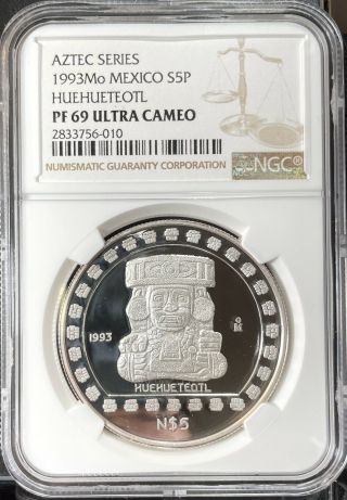 Mexico 1993 Silver 5 Pesos - Huehueteotl - Ngc Pf 69