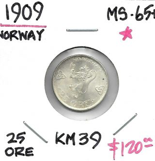 1909 Norway Silver 25 Ore Coin - Brilliant Uncirculated Type Coin -
