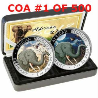 Somalia Silver Elephant Day & Night Set - 2018 2 X 1 Oz Silver Coins 1