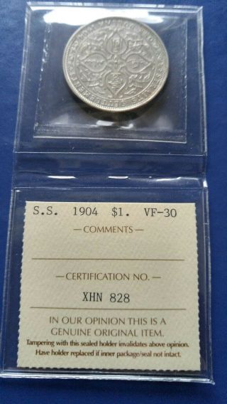 1904 - B Straits Settlements $1 Dollar Silver Coin Edward Vii Iccs Vf - 30