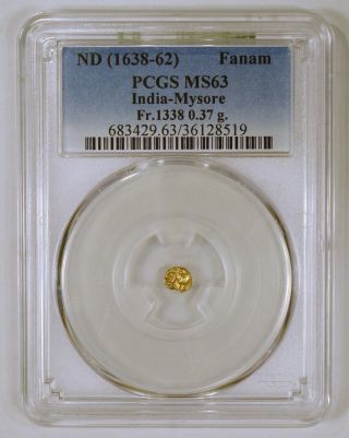 1638 - 1662 India - Mysore Fanam Gold Coin Graded Ms63 By Pcgs